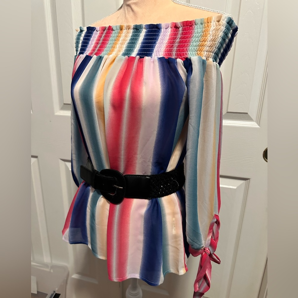 Miao Miao Sheer 3/4 Top Vertical Stripe Blouse